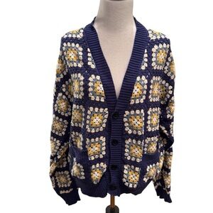 PacSun Estate Cardigan Crochet Granny Square V-Neck Button Down Sweater Navy